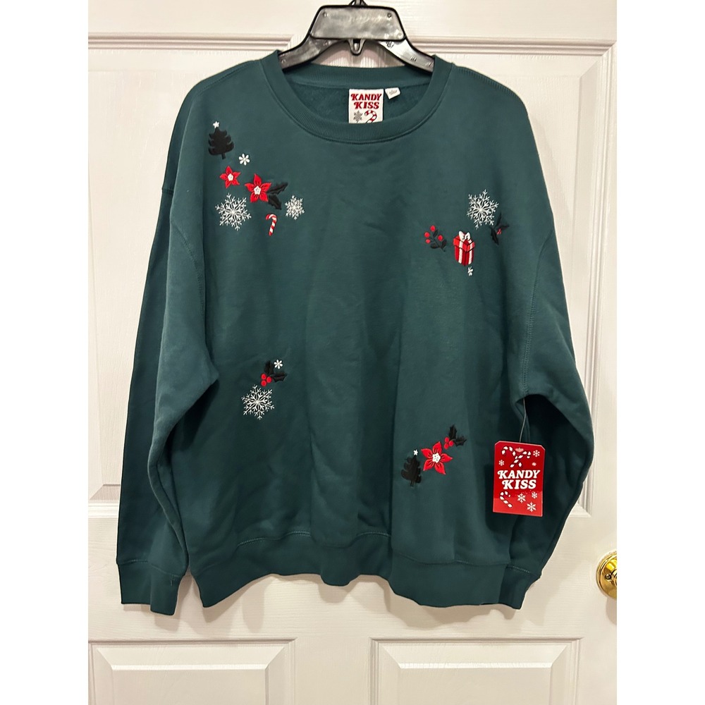 Kandy Kiss Womens Christmas Embroidered Sweatshirt Green Holiday Large NWT
